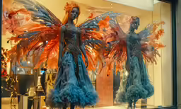 two mannequins dressed in a blue, red and orange outfit