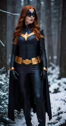 the batwoman in full costume stands on the snow