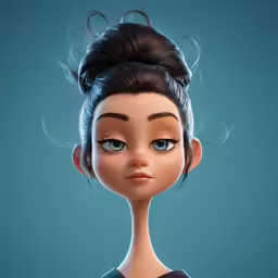 an animated female doll is shown with blue eyes