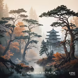 a very pretty asian style forest with a river
