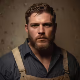 a man with an overall top looks into the camera