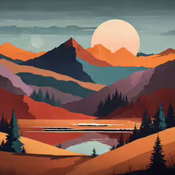 a view of a mountain lake in front of a sunset,a poster of mountains with the sun rising over them