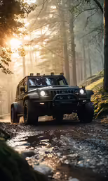a pick up truck in the woods with headlights on