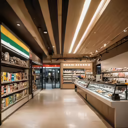 the interior of a grocery store, with empty counters and an empty shelf full of food items