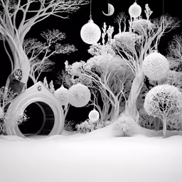a very artistic image of trees, bushes, and balls