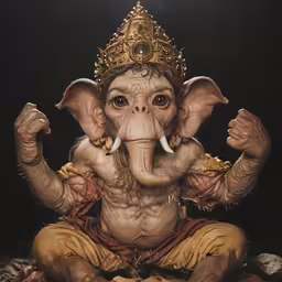 a statue of an elephant in a golden helmet and cloth