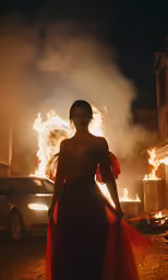 a lady is in a dress surrounded by fire
