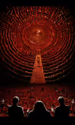 the photo shows two people walking towards an illuminated stage in a circular pattern