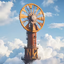 a yellow water tower with a large disk