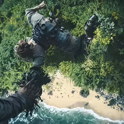 two men looking into the ocean on top of a tree