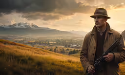 a man with a gun standing in front of the mountains,a man in an overcoat and hat holding a gun