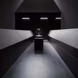 the interior of a bathroom with dark walls and black countertops