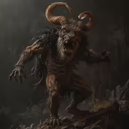 a very big hairy demon walking through a forest