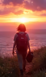 person with backpack walking on trail towards the water