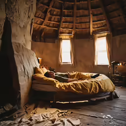 man laying on a bed in an attic like cabin