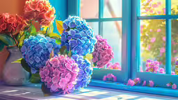 a couple of vases filled with different colored flowers,bright flowers sit by the window sill with blue and pink blooms