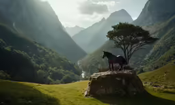 horse standing on rock in the middle of mountains