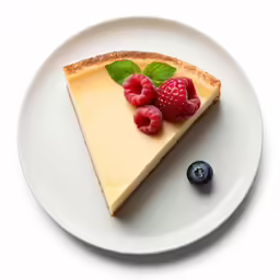 a piece of cheesecake with berries sits on a plate next to blueberries