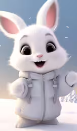 cartoon white rabbit dressed like snow skier holding camera,the rabbit is wearing a jacket and pointing to something