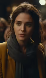 a woman looking away in the distance with a scarf on