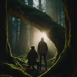 two people standing at the base of a tree in a forest