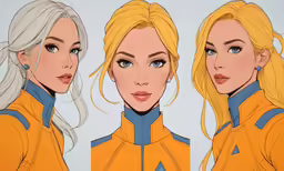 a series of anime avatars showing two woman in yellow jackets and blue eyes