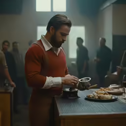 a man is cooking and drinking some wine in a room