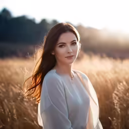 a beautiful young woman standing in a field at sunset