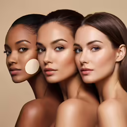 three woman with different skin types and a neutral background