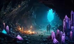people are standing near an icy cave full of purple lava