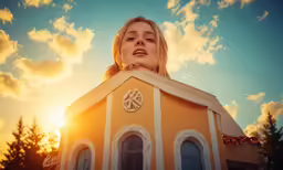 a woman standing behind a small wooden structure