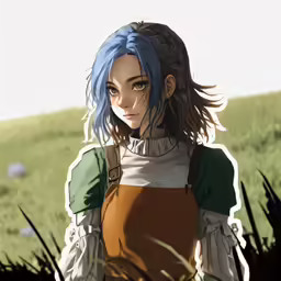 there is a cartoon of a woman with blue hair and green eyes