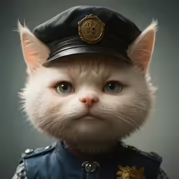 a white cat wearing a blue uniform and standing next to a gray background