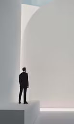 a man in a suit standing by two pillars