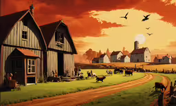 a rural scene with a group of people on cows,rural scene with farm fields, animals and houses