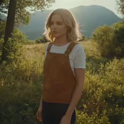 a beautiful young woman in overalls standing in the woods