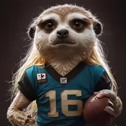 the meerkat holding the football is looking at the camera