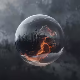 a large glass sphere filled with lots of fire