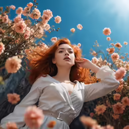 a girl with red hair wearing white poses for a photo in the middle of some flowers