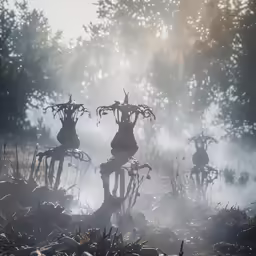 trees are spooked in the mist near piles of dirt