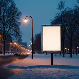 large billboard placed in a snow covered park at night
