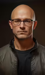 a very tall bald man wearing glasses is posing for a picture
