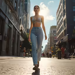 a woman is walking down the street wearing high waist jeans
