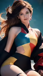 a young woman in a colorful body suit posing for a photo