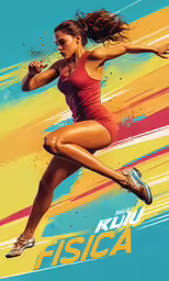 a beautiful woman running on a blue background