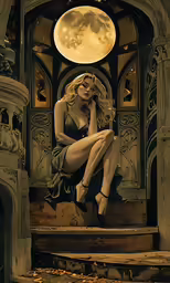a painting of a woman sitting on steps looking at the moon