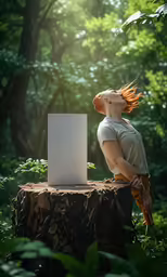 there is a woman sitting in the woods and posing for this picture