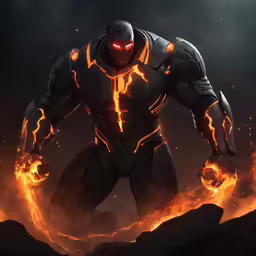 an iron man in a dark, eerie scene with red glowing eyes