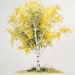 a white tree on a hill with yellow leaves