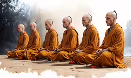monks sitting in a row with heads shaved